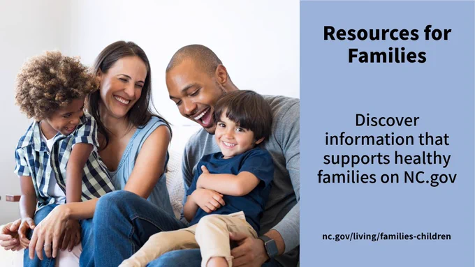 Photo of a family of four with text: Resources for Families, Discover information that supports healthy  families on NC.gov. 