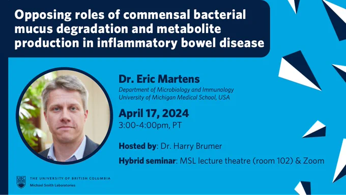 Dr. Eric Martens, from the Department of Microbiology and Immunology at the University of Michigan Medical School, will deliver a talk titled: Opposing roles of commensal bacterial mucus degradation and metabolite production in inflammatory bowel disease.