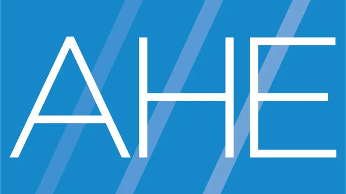 Logo for Advancing Health Equity. Blue background with large white white letters A H E.
