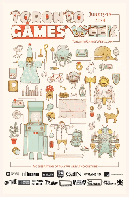 A poster for Toronto Games Week, June 13-19, 2024: a celebration of playful arts and culture. The poster is a light cream colour with a stylized logo. There are many characters and objects illustrated on the page connected with thin lines, like an arcade cabinet with arms and legs, a sad monster mushroom, a plant, eyeglasses, a cat, and a game wizard.