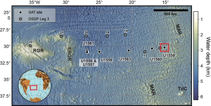 Bathymetric map of South Atlantic Ocean with location of Expedition 390/393 drill sites.