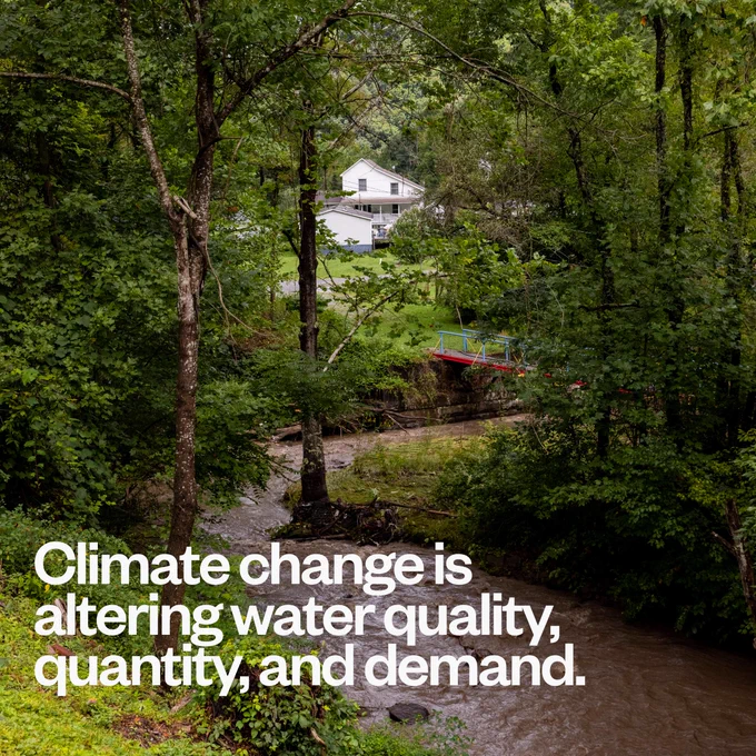 Photo of an Appalachian creek with trees and lush greenery surrounding it. White text: Climate change is altering water quality, quantity, and demand. 