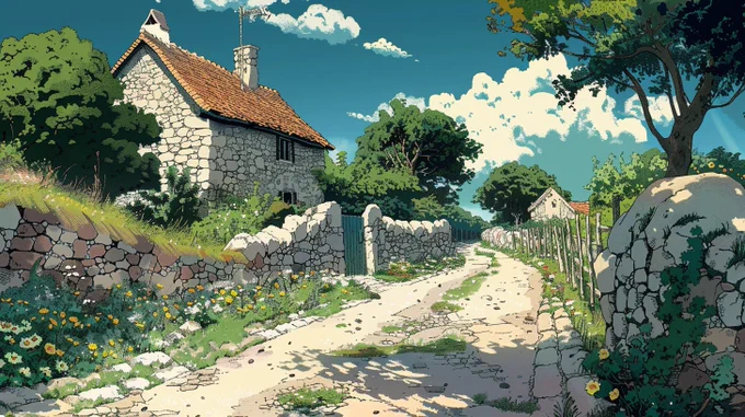 Prompt : village road, in the style of herge