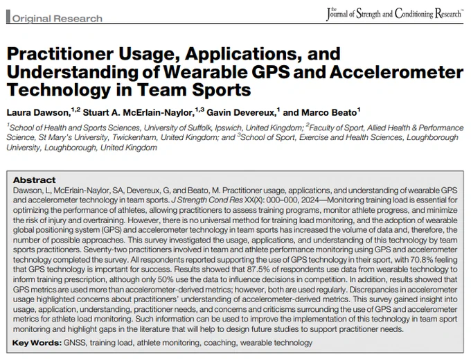 Monitoring training load is essential for optimizing the performance of athletes, allowing practitioners to assess training programs, monitor athlete progress, and minimize the risk of injury and overtraining. However, there is no universal method for training load monitoring, and the adoption of wearable global positioning system (GPS) and accelerometer technology in team sports has increased the volume of data and, therefore, the number of possible approaches. This survey investigated the usage, applications, and understanding of this technology by team sports practitioners. Seventy-two practitioners involved in team and athlete performance monitoring using GPS and accelerometer technology completed the survey. All respondents reported supporting the use of GPS technology in their sport, with 70.8% feeling that GPS technology is important for success. Results showed that 87.5% of respondents use data from wearable technology to inform training prescription, although only 50% use the