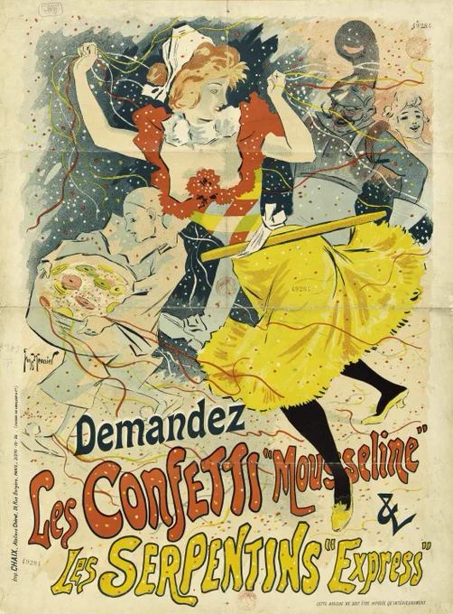 Demandez les confetti "Mousseline" et les serpentins "Express". Affiche de Georges Meunier, 1896. Bibliothèque Forney, cote : AF 49284 MF.