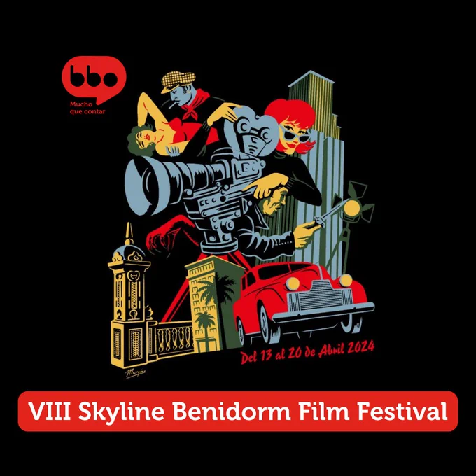 Imagen cuadrada de fondo negro con el logo de bbo en rojo en la esquina superior izquierda. En el centro, la imagen del festival de este año: un dibujo con estética de los sesentas a tres colores en el que salen varios edificios, un coche, personajes que parecen sacados de película (una pareja romanticona, una mujer misteriosa y un hombre con un cuchillo) y una cámara de cine en el centro. En la parte inferior del dibujo se lee: del 13 al 20 de abril de 2024. Y, debajo del dibujo, se lee el título de la imagen: VIII Skyline Benidorm Film Festival. 

