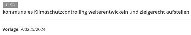 Screenshot eines Tagesordnungspunkt der nächsten AUKB-Sitzung mit dem Titel "kommunales Klimaschutzcontrolling weiterentwickeln und zielgerecht aufstellen"