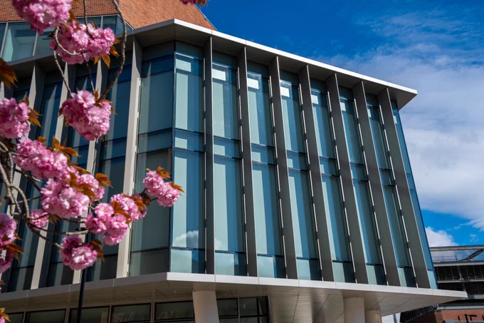 Chemistry Building exterior with tree blooming