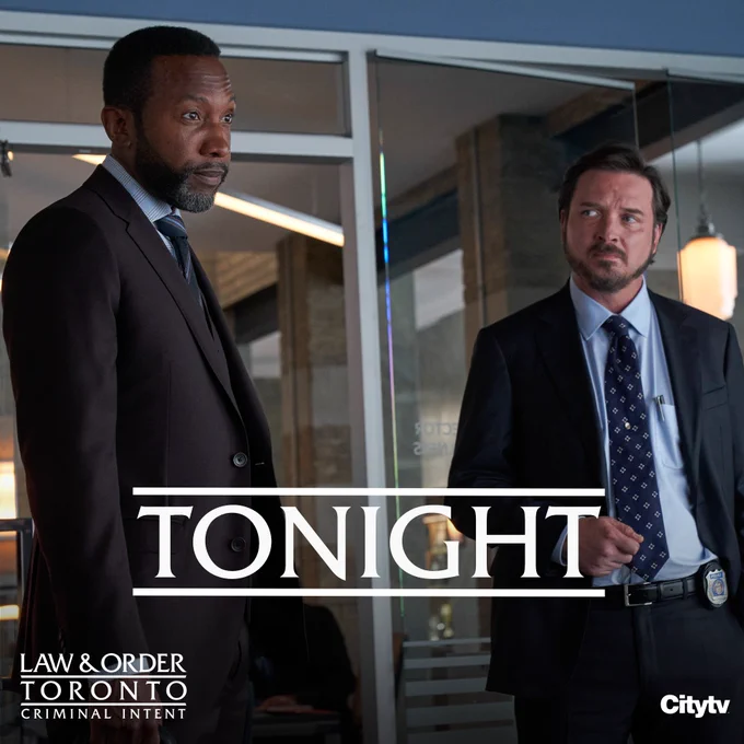 A graphic with the text, "tonight." (Left to right) DCA Forrester and Detective Graff stand beside each other while having a conversation with Holness.