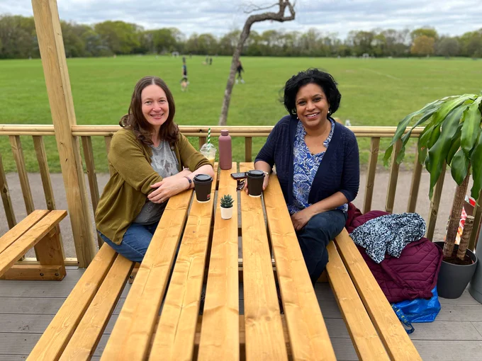 Janet Daby MP having a coffee with Pippa from Friends of Forster Park at the Frothy Coffee Hut at Forster Park.