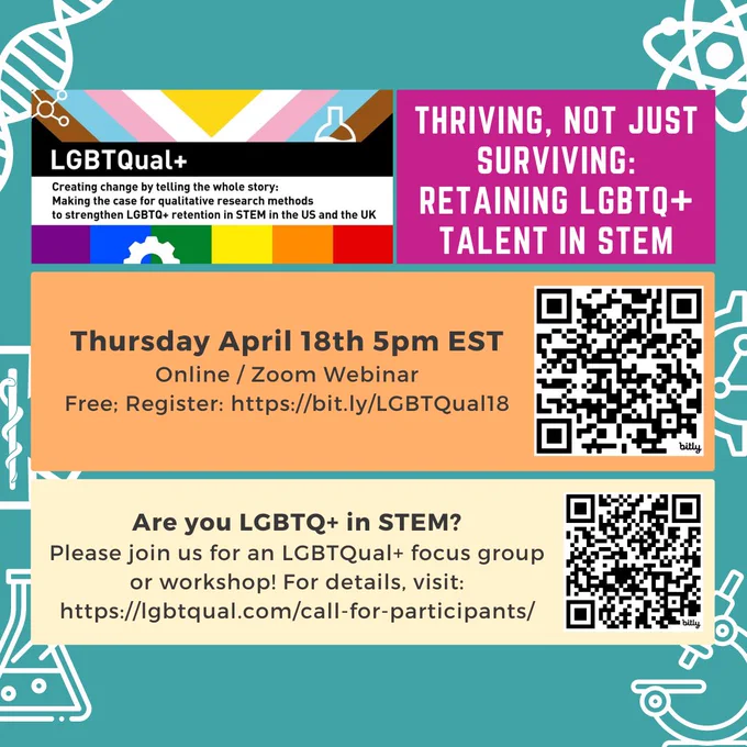 Event flyer featuring the logo for the LGBTQual  project. The flyer includes details for the upcoming event titled: Thriving, not just surviving: Retaining LGBTQ  talent in STEM on Thursday April 18th from 5-6:30pm EST online only 
Free; Register: https://bit.ly/LGBTQual18 
The LGBTQual  project is funded by the Royal Society of Chemistry (UK) and the Science and Innovation Network (US) and it is focused on the inclusion and retention of LGBTQ  people in STEM (Science, Technology, Engineering, Medicine, and Mathematics) in the US and UK.
Are you LGBTQ  in STEM? 
Please join us for an LGBTQual  focus group or workshop! For details, visit: https://lgbtqual.com/call-for-participants/ 
Website: https://lgbtqual.com/ 
Email: LGBTQual@strath.ac.uk 
Twitter: https://twitter.com/LGBTQual
LinkedIn: https://www.linkedin.com/company/lgbtqual/
