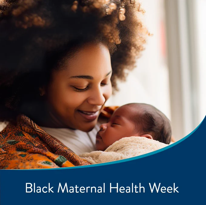 Blue background with an image of a mother cradling a baby to her chest. Text reads, "Black Maternal Health Week."