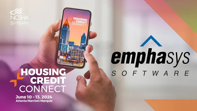 Hand holding a phone with an event app, text reading, "June 10 – 13, 2024 | Atlanta Marriott Marquis", logos for Housing Credit Connect, NCSHA, and Emphasys Software 