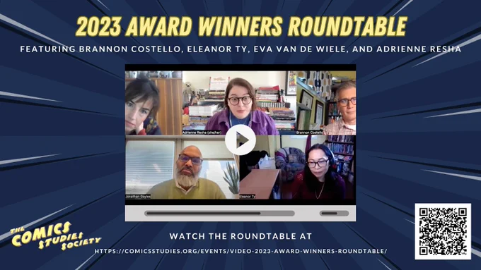 A navy blue background with comics-style starburst elements appears behind a screenshot of the 2023 award winners roundtable. The CSS logo, a link to the roundtable, and a QR code linked to the video all appear beneath the screenshot.