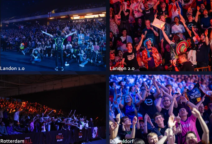 Four photos from RLCS LAN events showing the crowd cheering. From top left to bottom right they are from London 2018, London 2022, Rotterdam 2022, and Dusseldorf 2023.