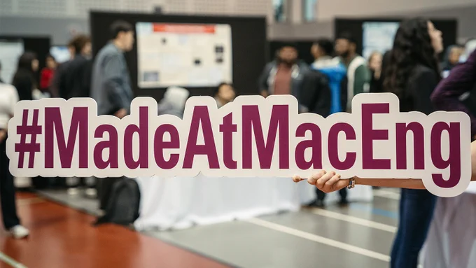 A Made at Mac Eng hashtag sign is held up by a hand with Capstone Expo boards and tables in the background