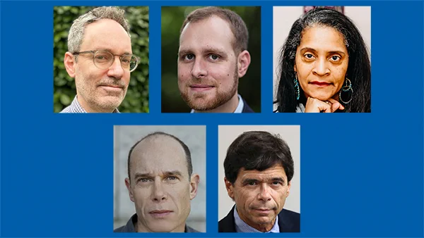 Leon Levy Center for Biography fellows 2024-2025 (clockwise from top left): Stephen Phillips, Nicholas Kulish, Emily Bernard, Mike Rezendes, and Nicholas Dawidoff
