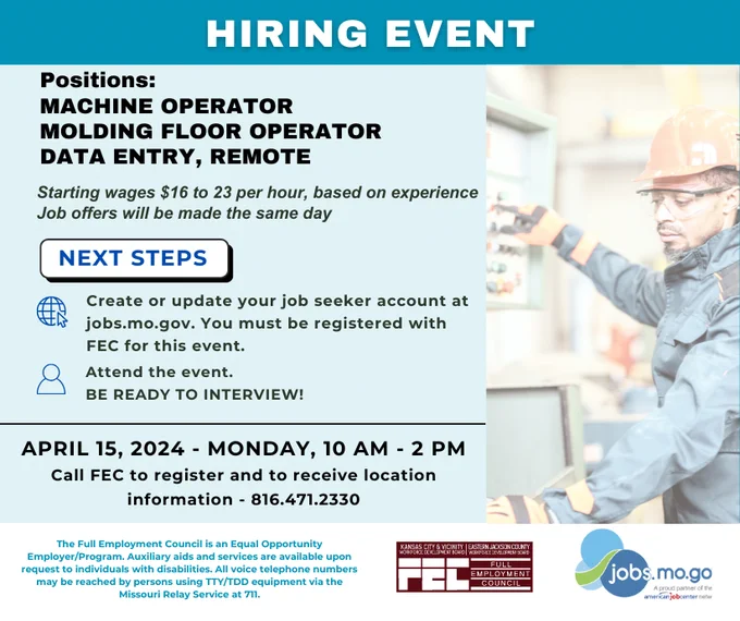 Hiring Event on Monday, 4/15, 10 AM-2PM, for Machine Operators, Molding Floor Operators, and Data Entry workers