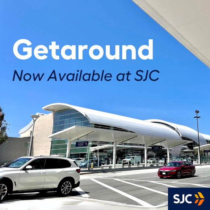 Two cars drive past Terminal B on a clear sunny day. Text says: "Getaround now available at SJC."