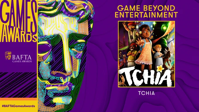 A purple graphic card with a topographic map look to it. The card is titled "Games Awards" and the iconic BAFTA mask sits to the right of the title. The mask is stylised with retro computer graphics over it. The heading reads 'Game Beyond Entertainment' and there is an image below of the 'Tchia' game title artwork with the text 'Tchia' below.