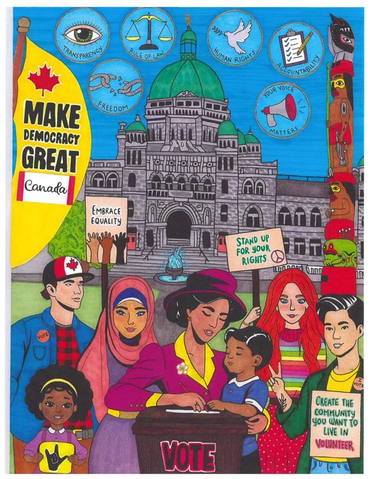 A colourful illustration of people of different cultural backgrounds in front of the BC Parliament Buildings