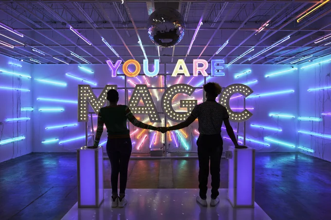 Image: Your Magic is Real, Alicia Eggert, 2019-24
Made in collaboration with James Akers and Marco Buongiorno Nardelli
26” x 71” x 8”, Neon, LEDs, steel, aluminum, wood, paint, aluminum composite panel, speakers, electronics.
*Neon by James Akers of Nebula Neon. Electrical engineering and programming by Jason Mishou. Aluminum channel letters by Priority Signs and Graphics. Fabrication assistance provided by Ryan Goolsby.
Ed. 2 of 3
Photo by Adam Neese, permanent installation at The Color Factory, Houston.