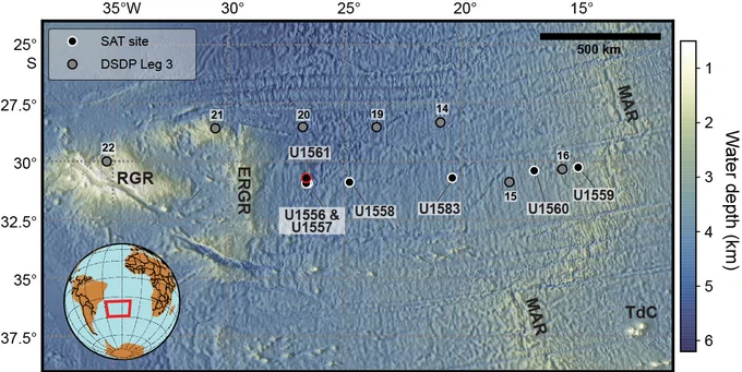Bathymetric map of South Atlantic Ocean with location of sites drilled during Expeditions 390 and 393.