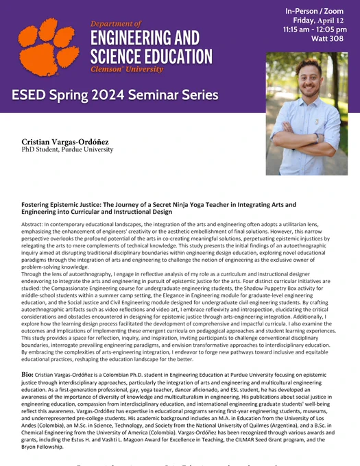 A flyer for ESED Seminar with Cristian Vargas-Ordóñez. Contact Paige Zoltewicz at pzoltew@clemson.edu for more information.