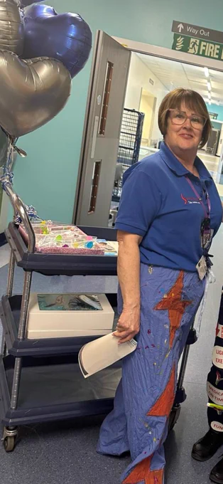 Colette rocking the trousers made by our ward manager Kelsey. 