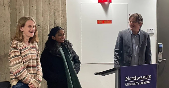 Nora Rosenfeld (BSJ26) and Arthi Venkatesh (BSJ26) talking about their involvement with "Inescapable Truths" with artist Bradley McCallum.
