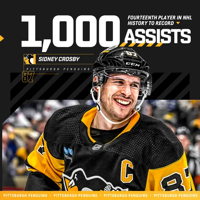 Crosby 1,000 NHL assists graphic with photo of Sidney Crosby smiling. Crosby is the 14th player in NHL history to record 1,000 assists.