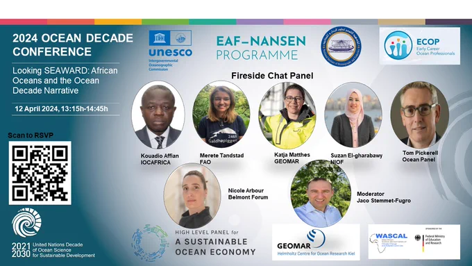 Sharepic of the fireside chat panel during the satellite event "Looking SEAWARD: African Oceans and the Ocean Decade Narrative"
