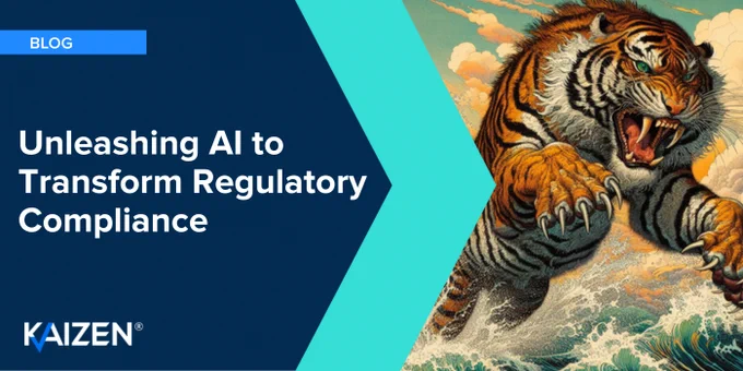 Image with jumping, roaring tiger on right hand side.  On left hand side the title of the blog 'Unleashing AI to transform regulatory compliance. with Kaizen's logo on bottom left. 