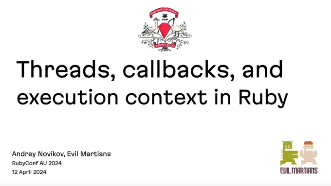 Title slide of “Threads, callbacks, and execution context in Ruby” talk at RubyConf Australia 2024