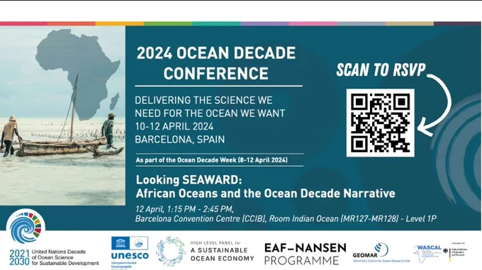 Flyer for the satellite event "Looking SEAWARD: African Oceans and the Ocean Decade Narrative" during the 2024 Ocean Decade Conference