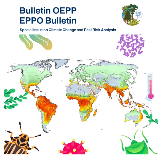Cover image of EPPO Bulletin Volume 54, Issue S1 (March 2024) - Special Issue on Climate Change and Pest Risk Analysis. World map showing different climate zones.