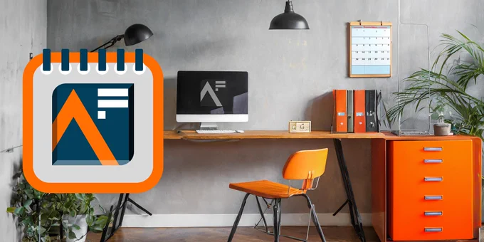 A minimalist modern office interior. Bright light, a feature concrete wall. Polished wooden floor. An AiG month calendar logo features prominently