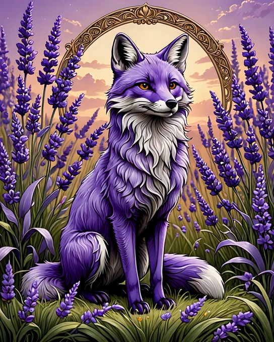 A purple-furred fox sitting in a lavender field