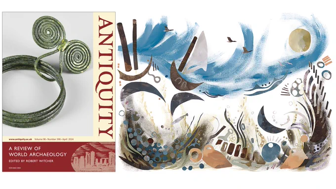 April Antiquity cover; "River" painted collage by Rose Ferraby
