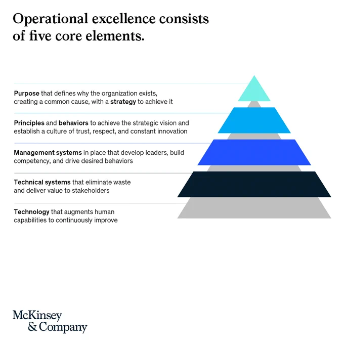 Crucially, the high performers routinely review and reimagine how their business generates value, reexamining all five elements of operational excellence (Exhibit 2)