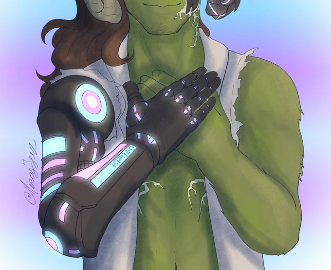 DocM77 stands with his hands over his chest, where his heart would be. He signs the German "Geliebt". He's smiling. His LEDs are the colours of the transgender flag, and the teleprompter for the com in his arm says Geliebt in the minecraft font. 
