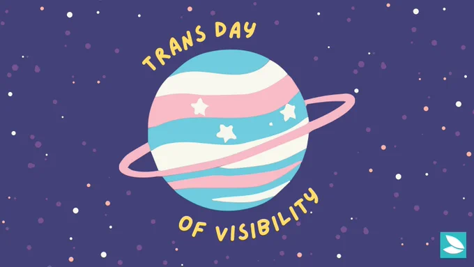 A dark blue background with white and pink dots. In the centre is a planet with a ring around it, in the colours of the trans flag (blue, pink, and white) with 3 white stars. Surrounding the planet are the words “Trans Day of Visibility”. Possibility Seeds logo in the bottom right corner.