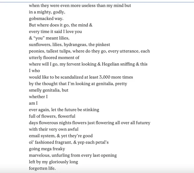 when they were even more useless than my mind but
in a mighty, godly,
gobsmacked way.
But where does it go, the mind &
every time it said I love you
& “you” meant lilies,
sunflowers, lilies, hydrangeas, the pinkest
peonies, tallest tulips, where do they go, every utterance, each
utterly floored moment of
where will I go, my fervent looking & Hegelian sniffing & this
I who
would like to be scandalized at least 3,000 more times
by the thought that I’m looking at genitalia, pretty
smelly genitalia, but
whether I
am I
ever again, let the future be stinking
full of flowers, flowerful
days flowerous nights flowers just flowering all over all futurey
with their very own awful
email system, & yet they’re good
ol’ fashioned fragrant, & yep each petal’s
going mega freaky
marvelous, unfurling from every last opening
left by my gloriously long
forgotten life.