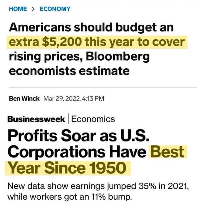 Headline 1: Americans should budget an extra 5,200 dollars this year to cover rising prices, Bloomberg economists estimate
Headline 2: Profits sour as U S corporations have best year since 1950