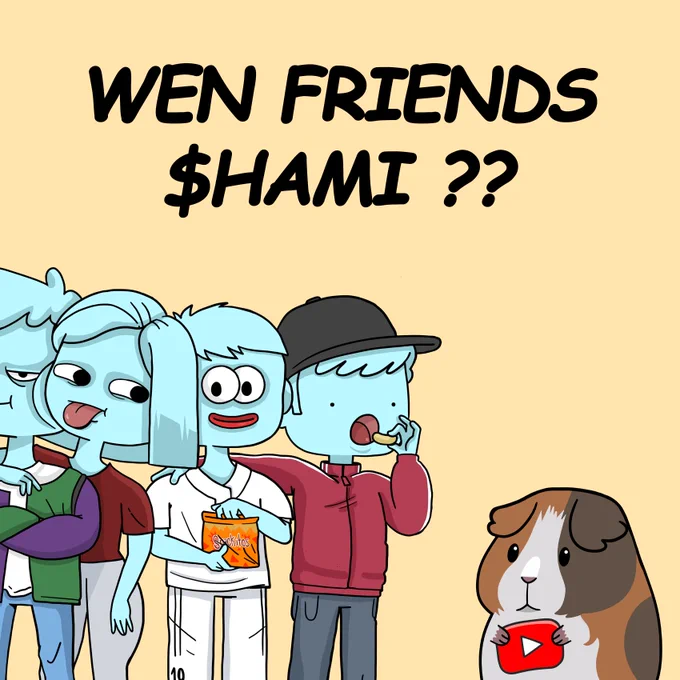 Illustration of blue Only Friends Club Members $FANS standing next to $HAMI the Hamster from the famous Memevideo.