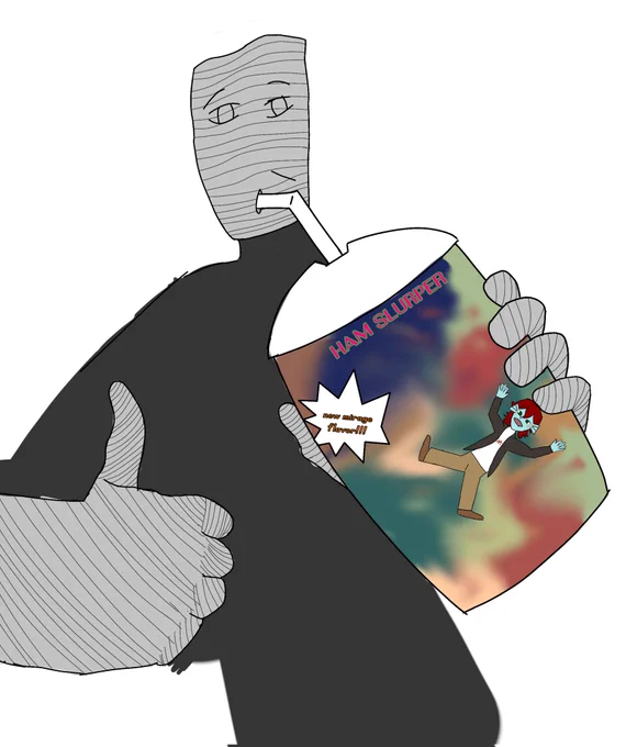 a digital image of Phrygian and Kalvin Brnine from friends at the table: palisade. Phrygian is giving a thumbs up to the camera, and has their mouth around the straw of a hamslurper, a green and cream and red and blue concoction in a smoothie cup. A very small and displeased Brnine is inside of the slurper, which is advertising its new mirage flavor. 