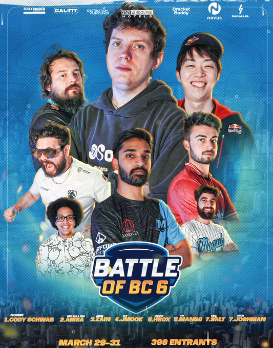 Melee Top 8 graphic. 1: Nouns Cody Schwab. 2: Red Bull IFM aMSa. 3: MXM Zain. 4: FLY Jmook. 5: Liquid Hbox and C9 Mang0. 7: EGG Salt and MXM Joshman. March 29–31, 398 entrants.