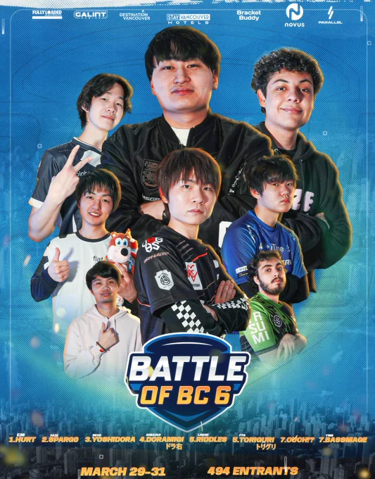 Ultimate Top 8 graphic. 1: E36 Hurt. 2: Faze Sparg0. 3: Revo Yoshidora. 4: Area310 Doramigi. 5: Liquid Riddles and FTG Toriguri. 7: Ouch!? and YSM BassMage. March 29–31, 494 entrants.