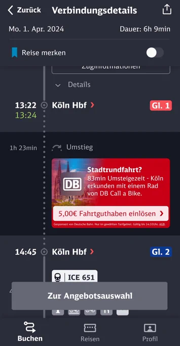 Screenshot aus dem Navigator mit 5 € Gutschein Call a Bike in Köln