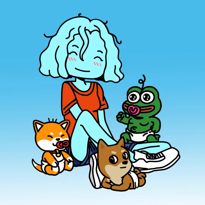 An illustrated Only Friends Girl sitting next to a baby Pepe, baby Doge and baby Shib. 
